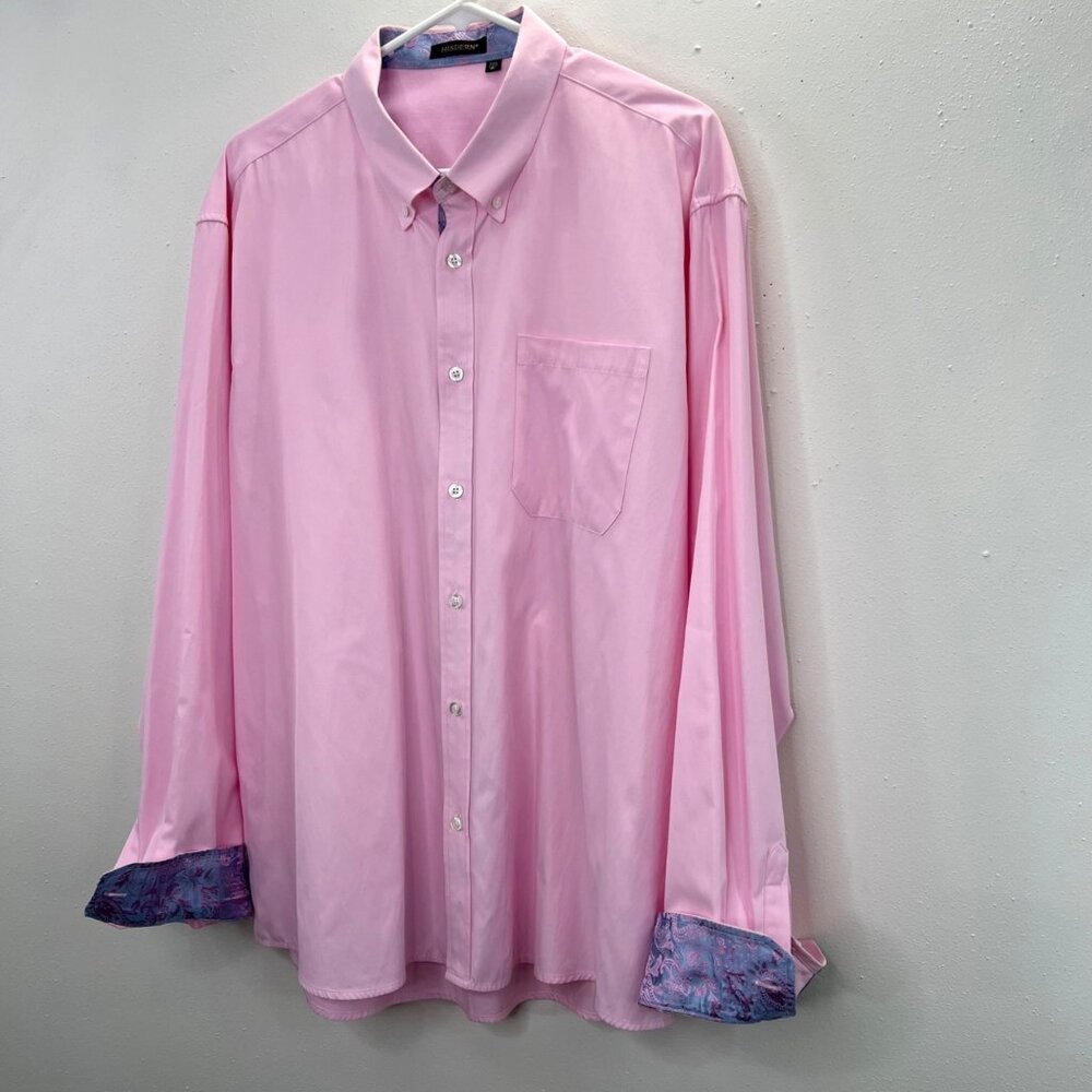 Hisdern Button Down Shirt 2XL 18.5 Pink Flip Cuff Blue Paisley Long Sleeve